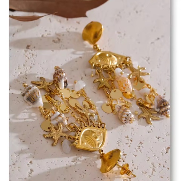 Gold Shell & Pearl Dangle Earrings – Baroque Ocean-Inspired Statement Jewelry - Picture 7 of 11